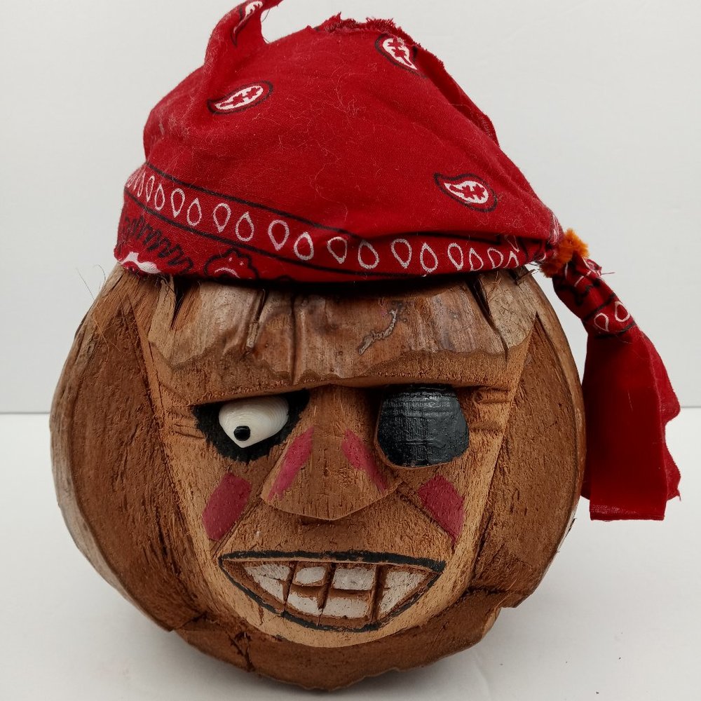 Folk Art Hand Carved Coconut Head One Eyed Pirate with Eye Patch Bank Tiki Bar
